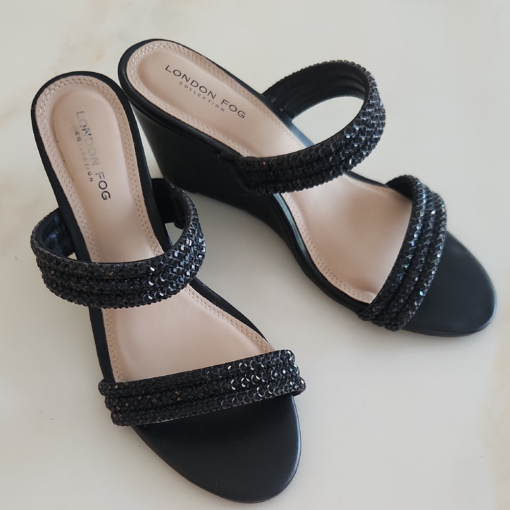 London Fog Black Beaded Women's Sparkly Wedge Sandals. Never Worn.